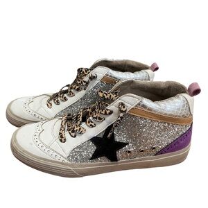 Shu Shop Women’s 7.5 White Silver Glitter Leopard High Top Lace Sneakers NEW